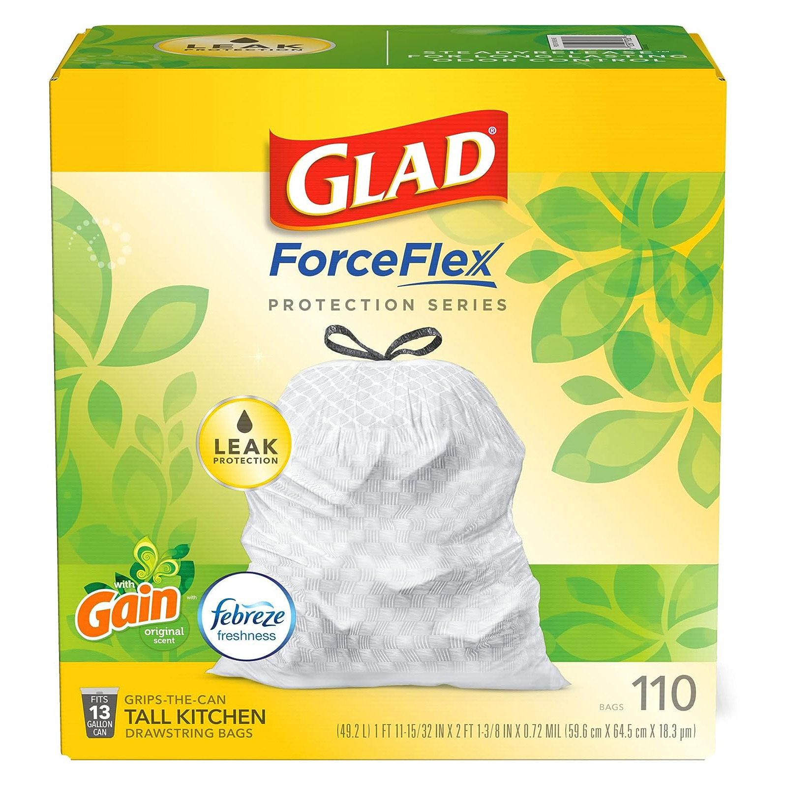 Glad Protection Series Force Flex - Protector de olores con cordón Gain Original, 13 galones, 1/110 unidades