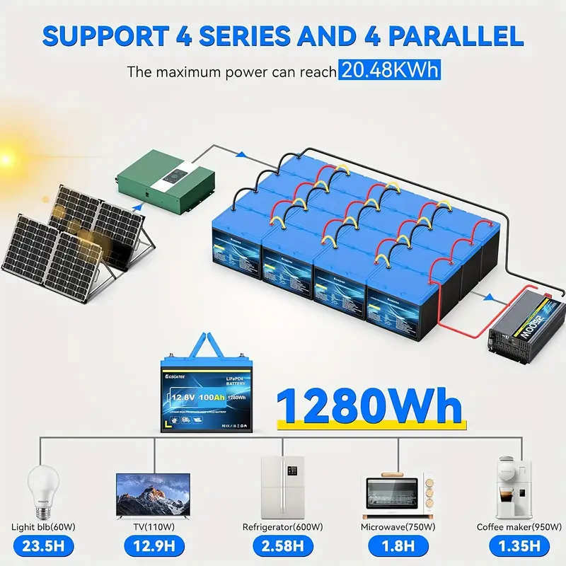 Batería de de 12 V Ah - Batería de portátil de 1280 Wh máx. con BMS de A, profundos , , de , embarcaciones e inversores. detalles 2