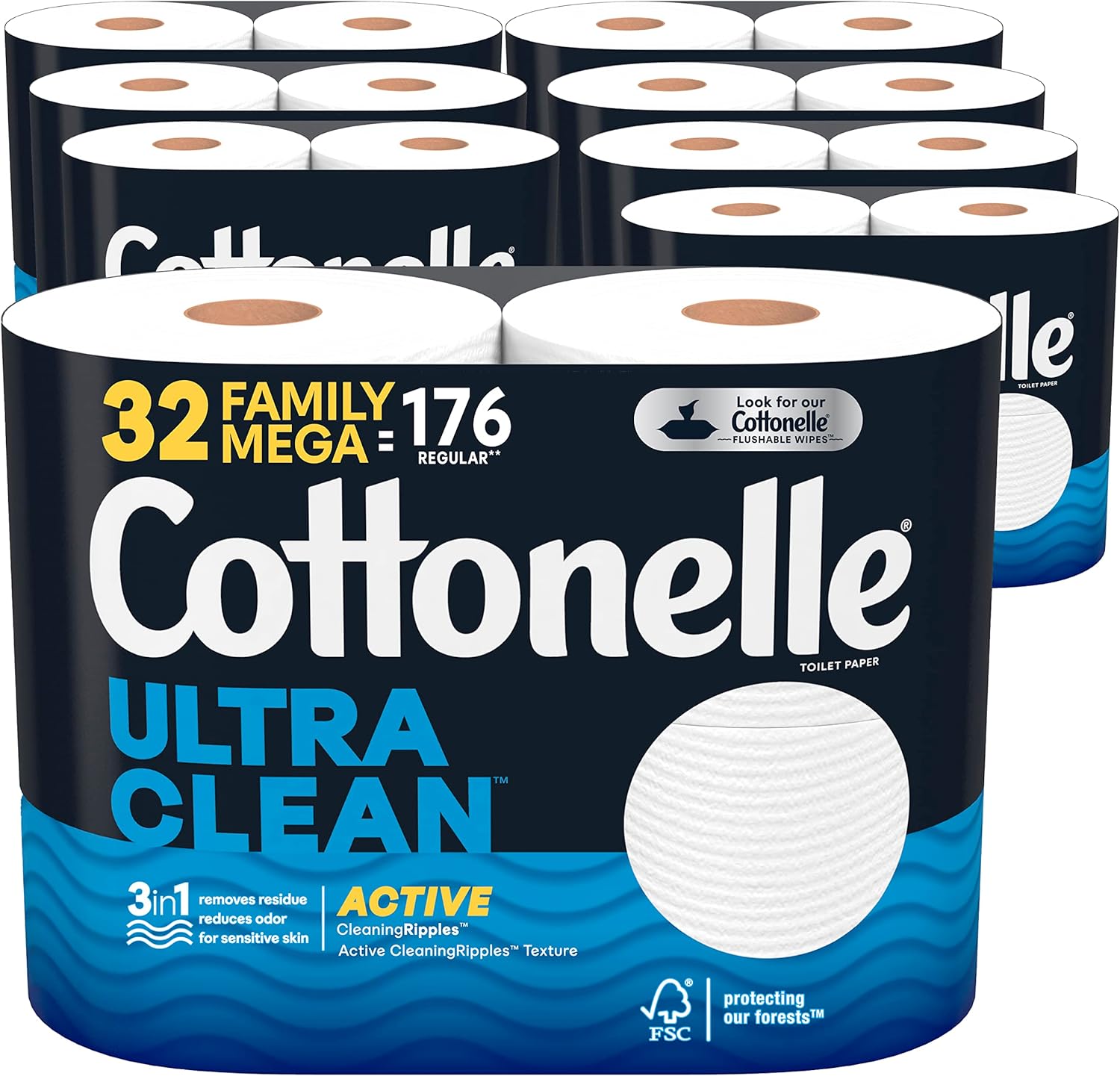 Papel higiénico Cottonelle Ultra Clean con textura ondulada y limpieza activa, 24 rollos grandes familiares (132 rollos regulares) (4 paquetes de 6), 353 hojas por rollo. El empaque puede variar.
