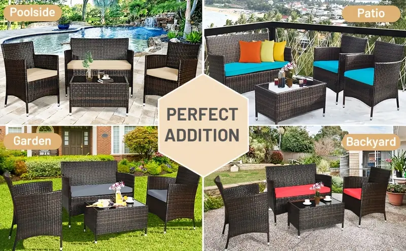 Conjunto de muebles de patio de ratán de 4 piezas con sofá acolchado, silla,  ,    . detalles 1