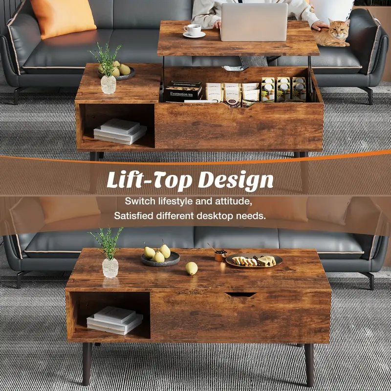Mesa de centro elevable para sala de estar con compartimento de almacenamiento oculto, con estante de almacenamiento ajustable para sala de estar, estilo vintage, construcción de madera duradera, mesa de centro moderna con cajón elevable, mesa de centro de madera detalles 6