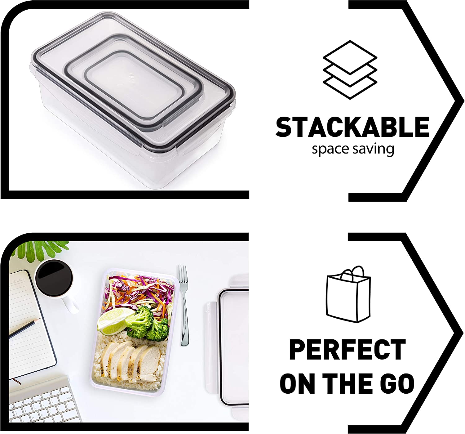 Juego de 50 recipientes para almacenar alimentos con tapas, de plástico hermético y sin BPA, para organizar la cocina, preparar comidas y llevar el almuerzo (incluye etiquetas y bolígrafo).