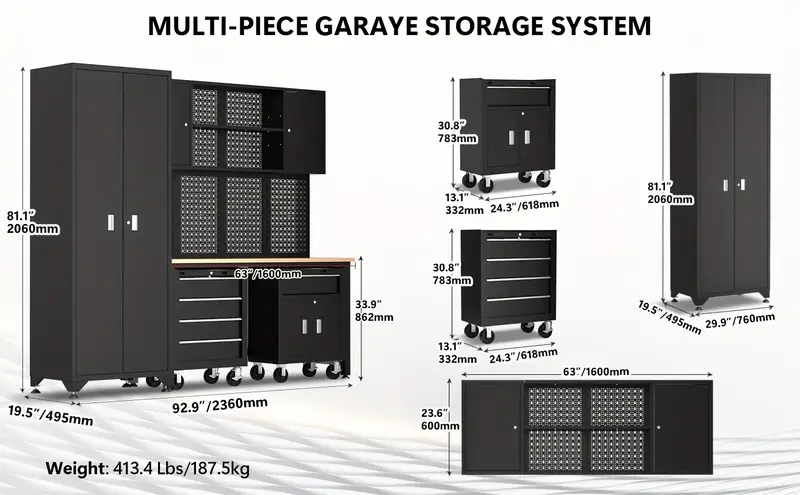 Taller de 6 piezas en  , gabinete de almacenamiento para garaje, incluye cajones de acero,   rodante y tablero de  , gabinete de almacenamiento con cerradura, perfecto para organizar   y las herramientas. detalles 5