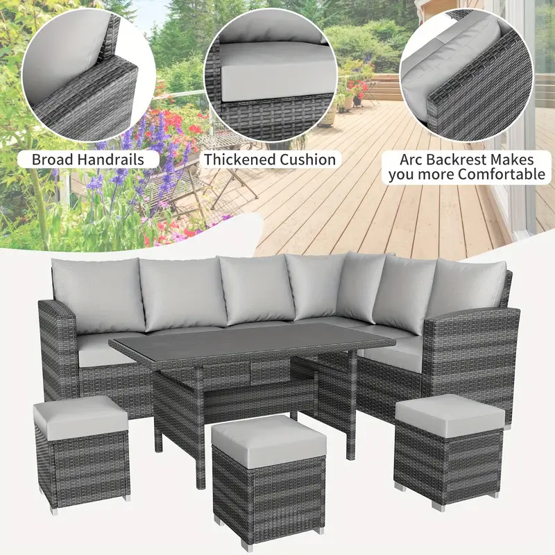 Conjunto de muebles de patio al aire libre, juego de comedor al aire libre de ratán de mimbre de 7 piezas con mesa de comedor y otomanas, juego de mesa y sillas de patio, juego de sofá de silla detalles 5