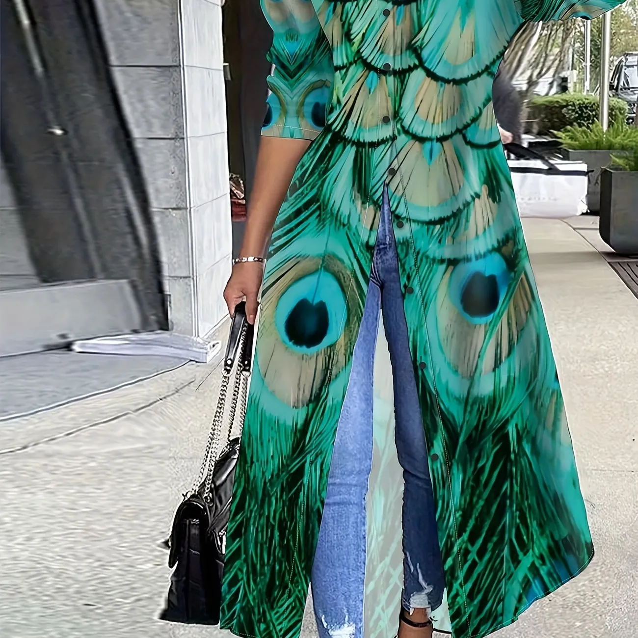 Túnica frontal con botones y estampado de plantas, top informal de manga larga para primavera y otoño, ropa de mujer