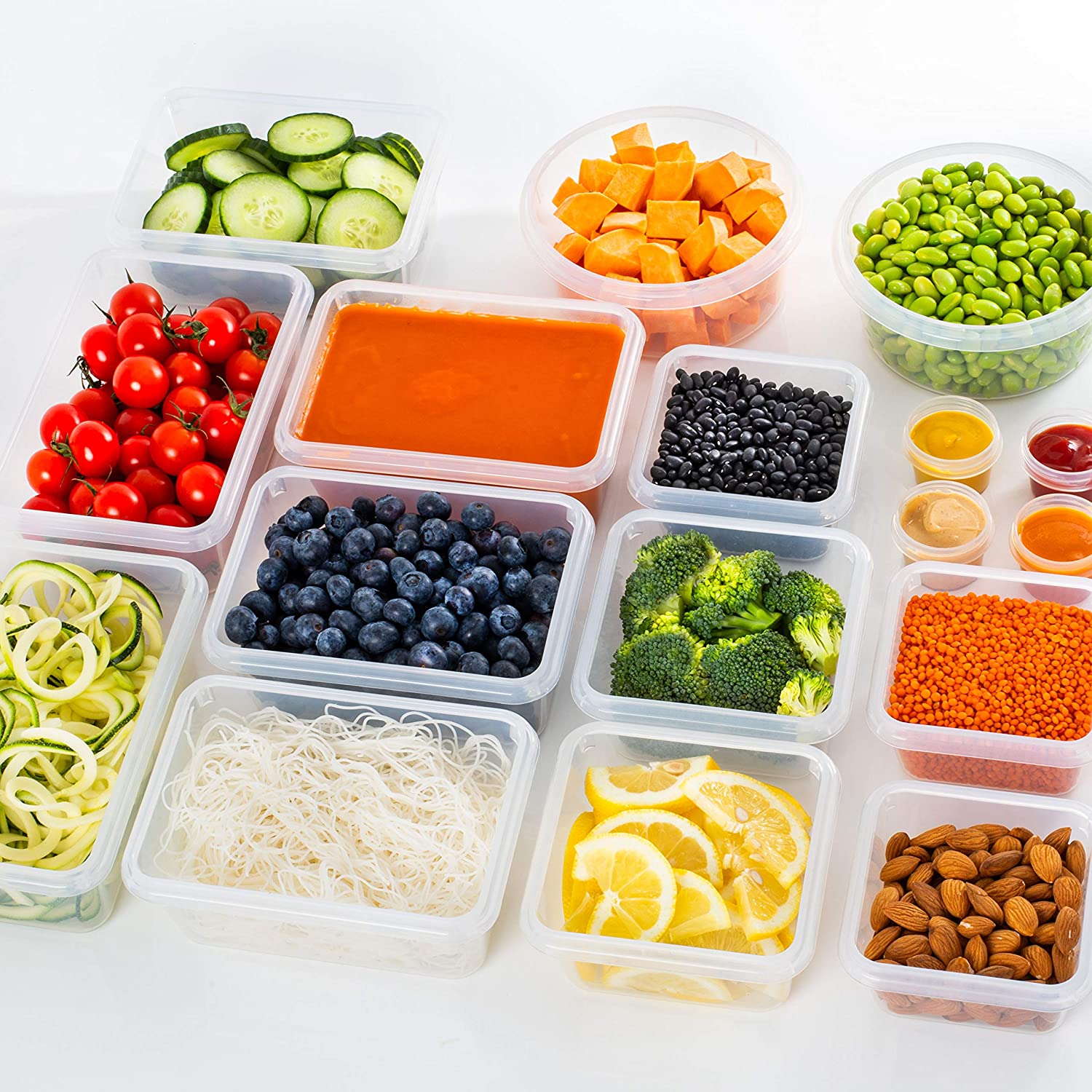 Juego de 50 recipientes para almacenar alimentos con tapas, de plástico hermético y sin BPA, para organizar la cocina, preparar comidas y llevar el almuerzo (incluye etiquetas y bolígrafo).