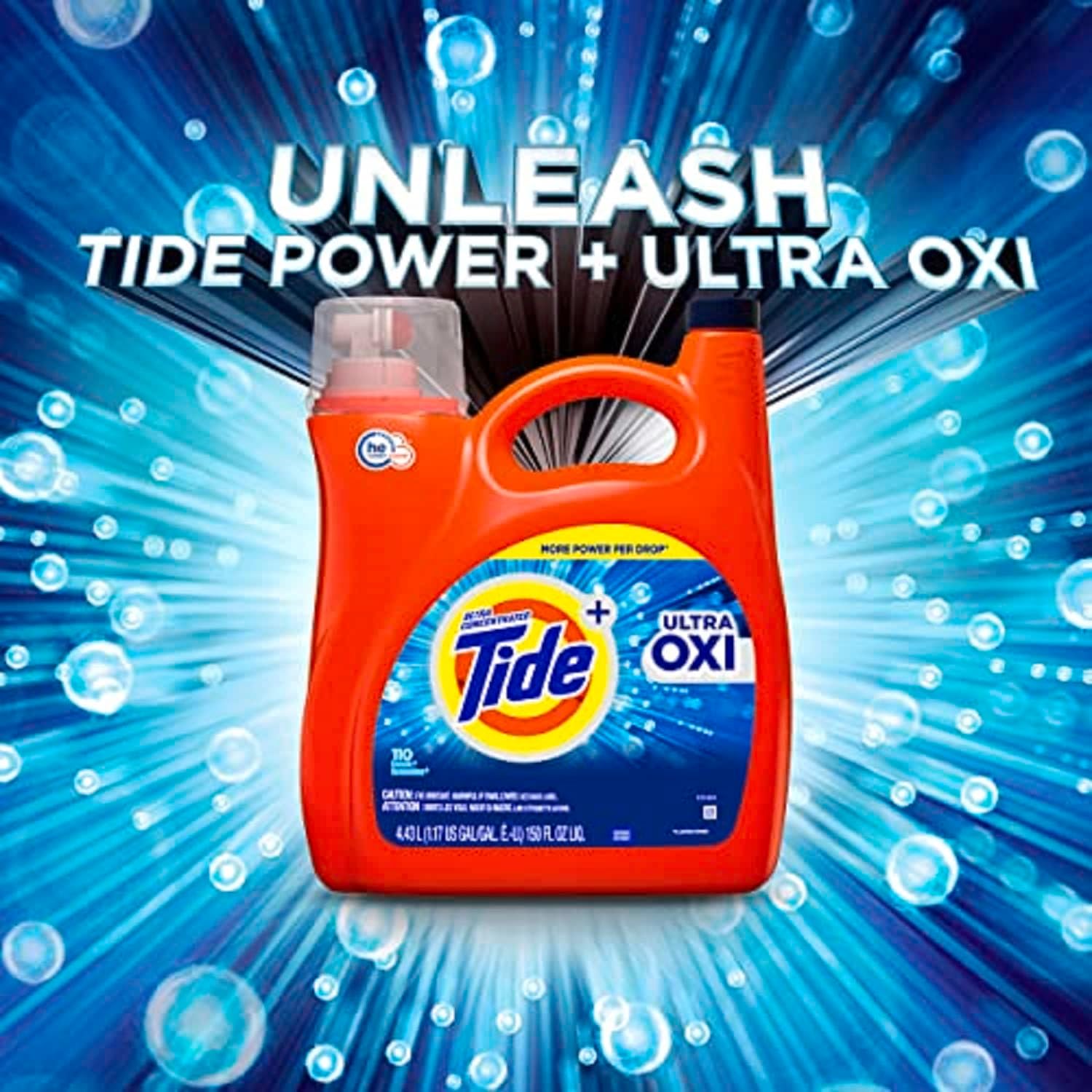 Jabón detergente líquido para ropa Tide Ultra Oxi, compatible con HE, 94 cargas, 132 onzas líquidas