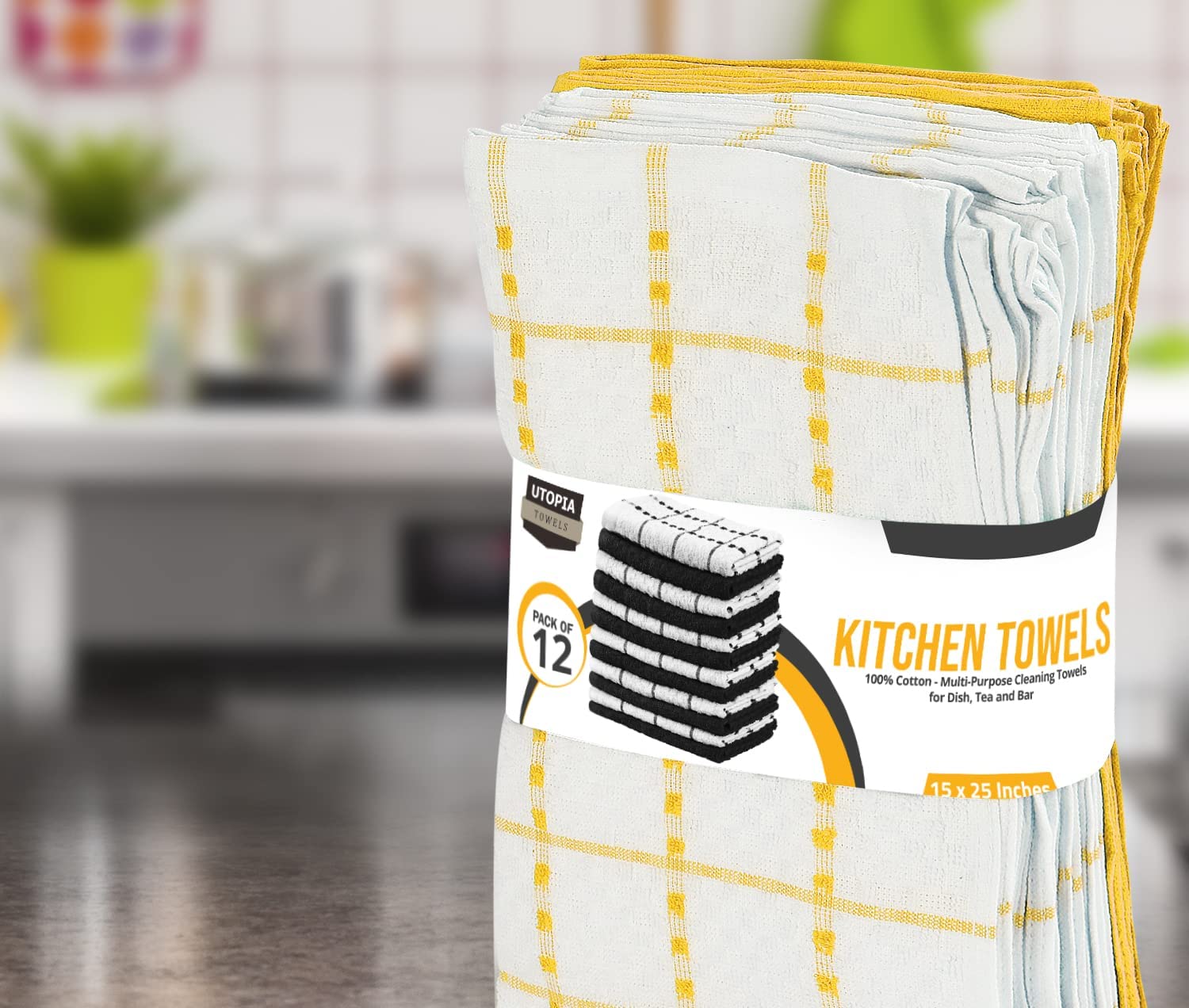 Toallas de cocina (paquete de 12), 15 x 25 pulgadas, 100 % algodón hilado en anillos, súper suaves y absorbentes, juego de toallas de cocina, paños de cocina y toallas de bar (negro)