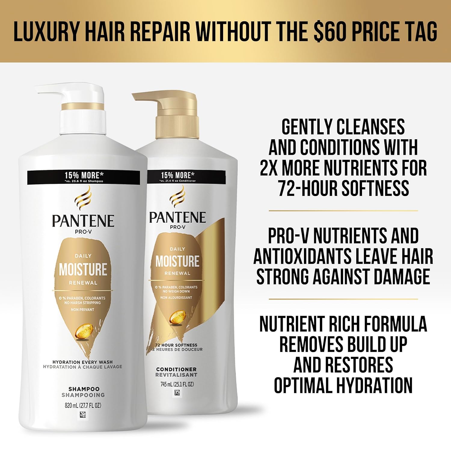 Set de champú y acondicionador Pantene, tratamiento capilar hidratante diario con nutrientes Pro-V para cabello seco y teñido, hidratación y nutrición duraderas, 27.7 onzas líquidas cada uno, paquete de 2