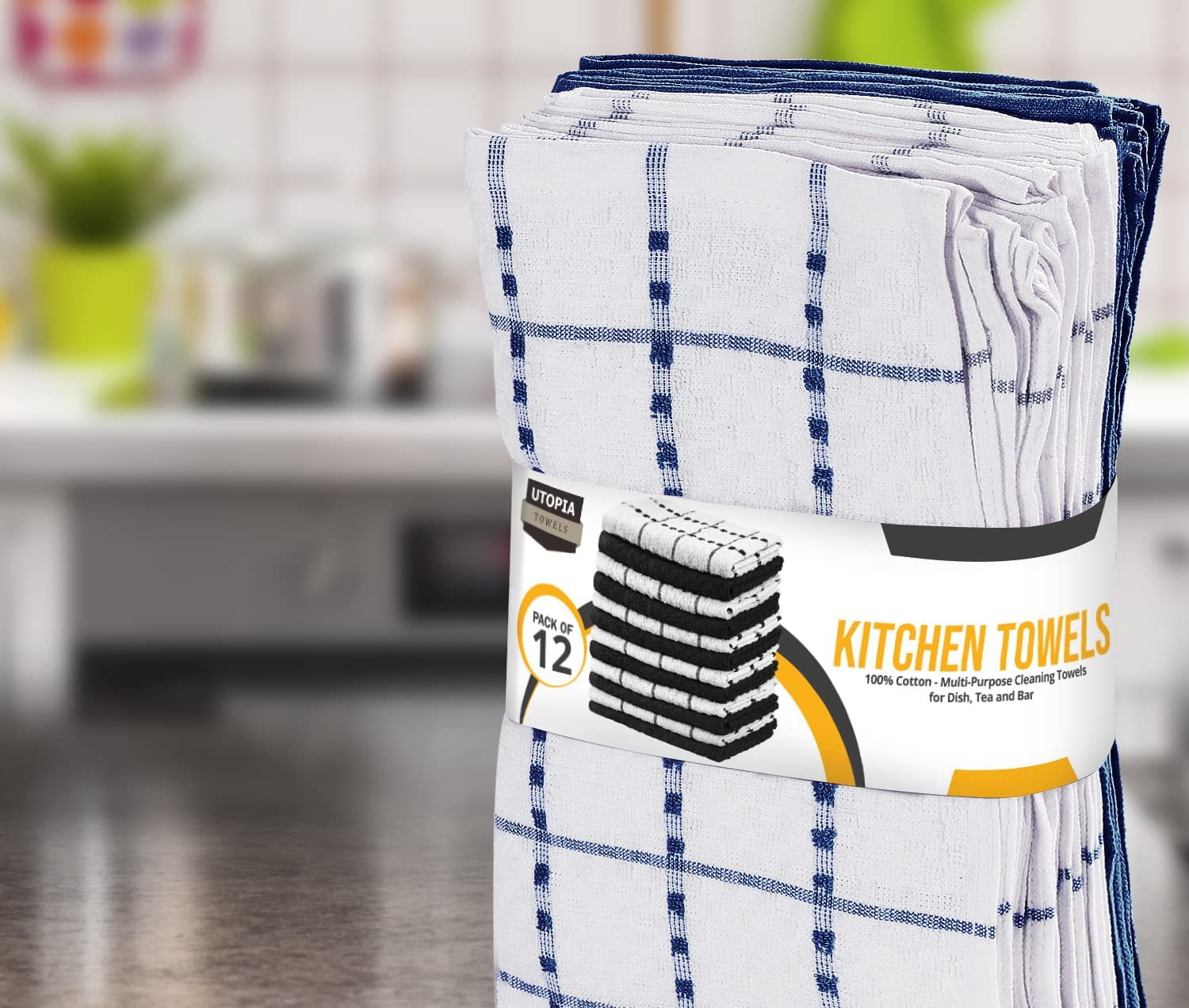 Toallas de cocina (paquete de 12), 15 x 25 pulgadas, 100 % algodón hilado en anillos, súper suaves y absorbentes, juego de toallas de cocina, paños de cocina y toallas de bar (negro)