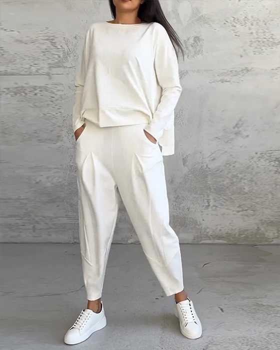 Conjunto de chándal informal de dos piezas con cuello redondo y manga larga para mujer, elegancia otoñal