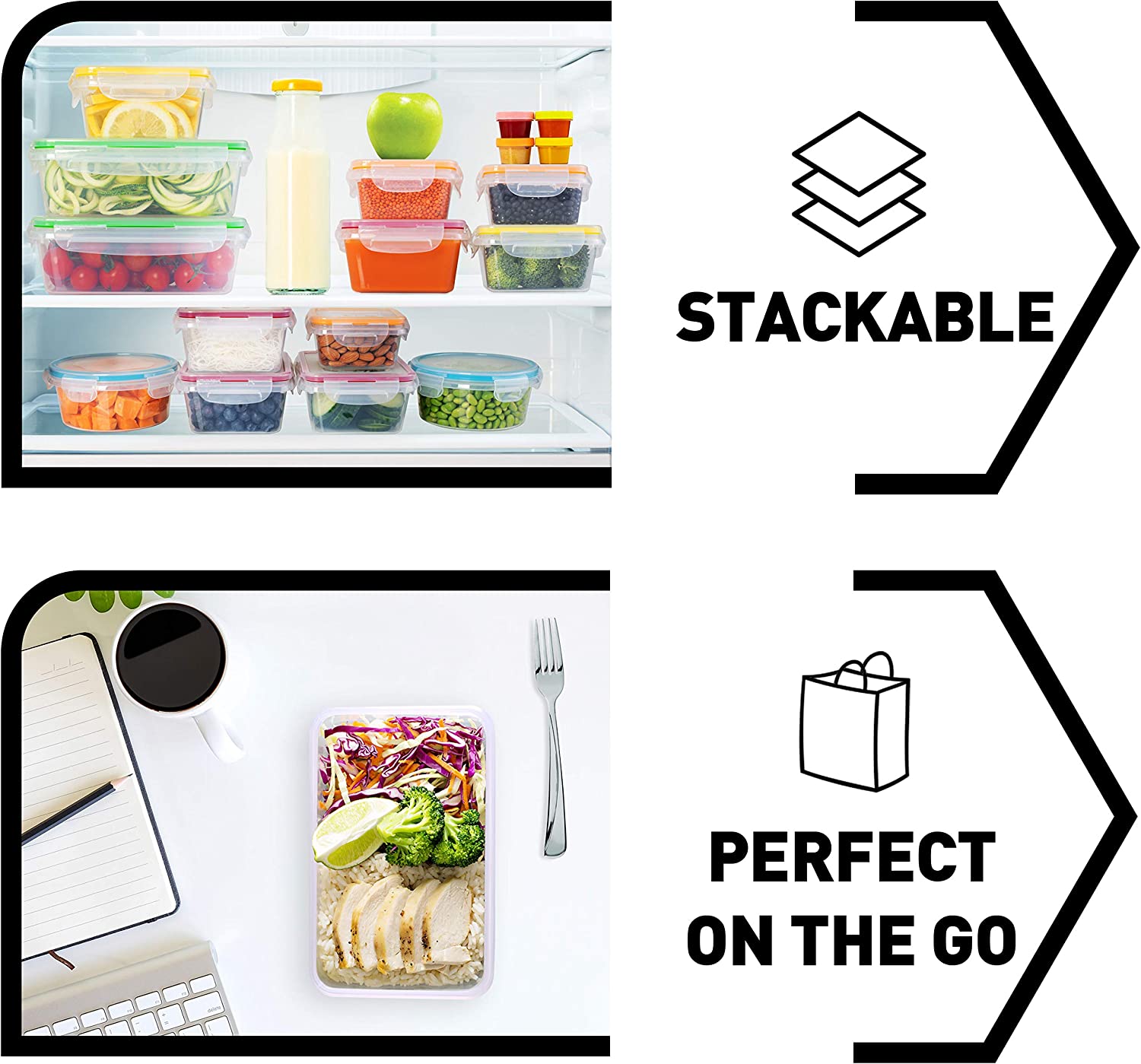 Juego de 50 recipientes para almacenar alimentos con tapas, de plástico hermético y sin BPA, para organizar la cocina, preparar comidas y llevar el almuerzo (incluye etiquetas y bolígrafo).