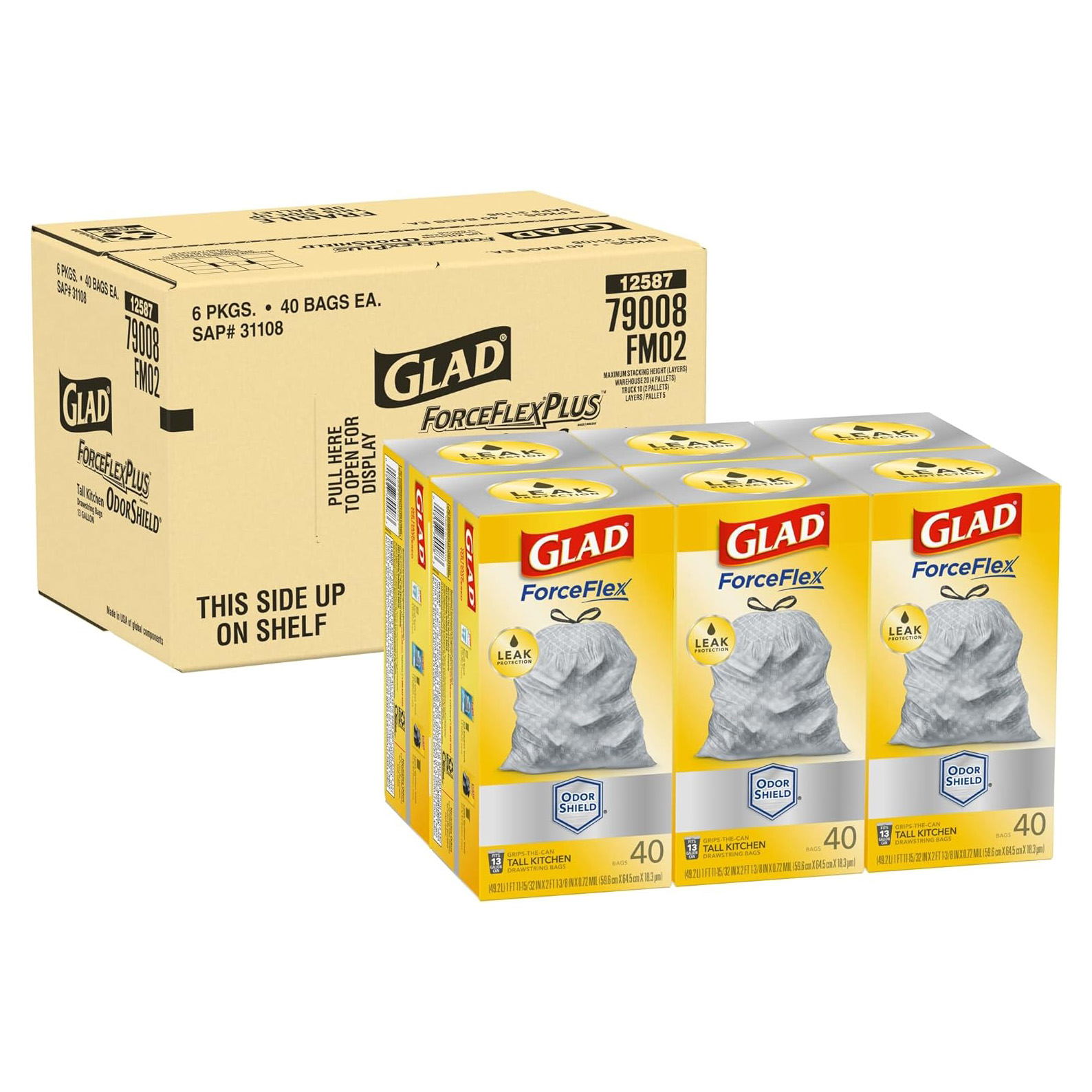 Bolsas de basura Glad ForceFlex, bolsas altas con cordón para cocina, 13 galones, color blanco, aroma "Moonlight Breeze" y frescura Febreze, 100 unidades (el paquete puede variar)