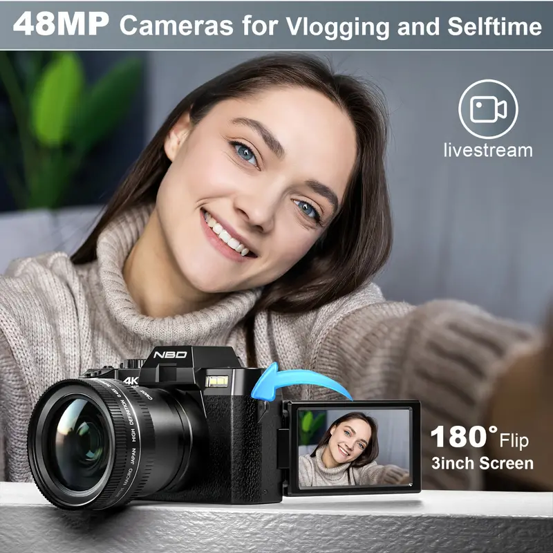 nbd pro digital cameras for photography 4k video 48 mp vlogging camera with 180 flip screen 16x digital zoom flash autofocus 52mm wide angle macro lens 2 batteries 32gb sd card details 6