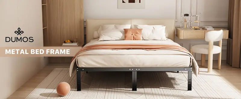 Base de cama - Estructura de cama de plataforma de 4 tamaños Base de colchón de metal con soporte de listones de acero, no se necesita somier, espacio de almacenamiento debajo del marco, fácil montaje, negro detalles 2