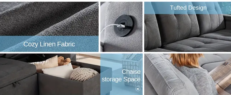 84 inch pull out couch tufted sofa bed with 2 usb cup holders l shape sleeper sofa with storage chaise light grey details 3