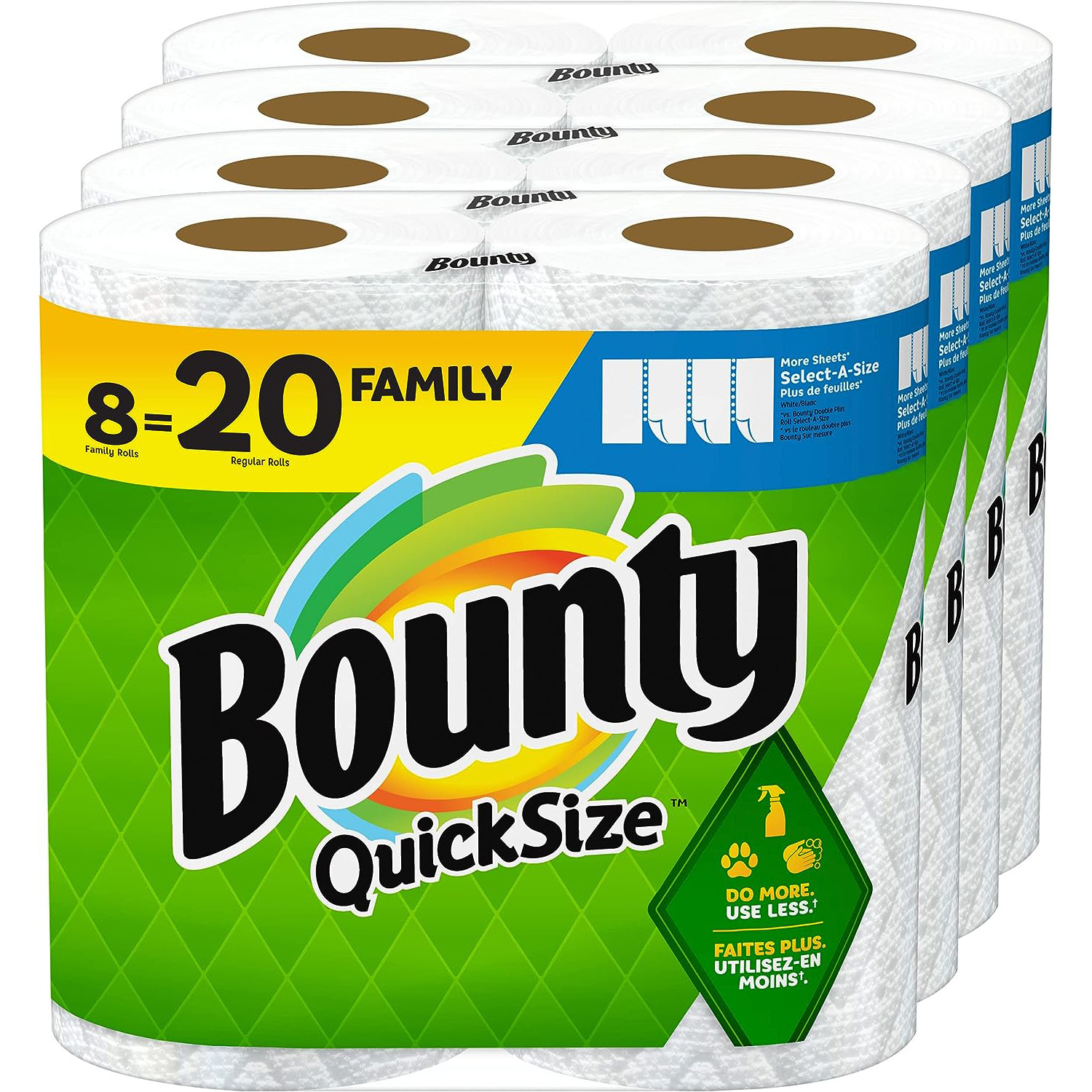 Toallas de papel Bounty Quick Size, blancas, 8 rollos familiares = 20 rollos regulares