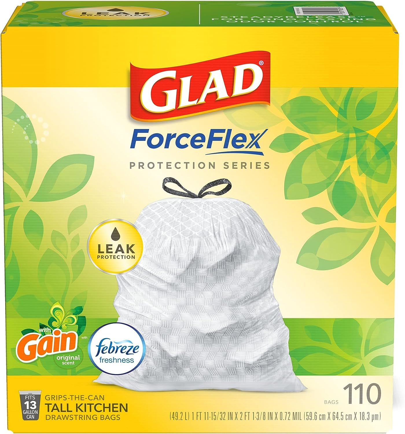 Glad Protection Series Force Flex - Protector de olores con cordón Gain Original, 13 galones, 1/110 unidades