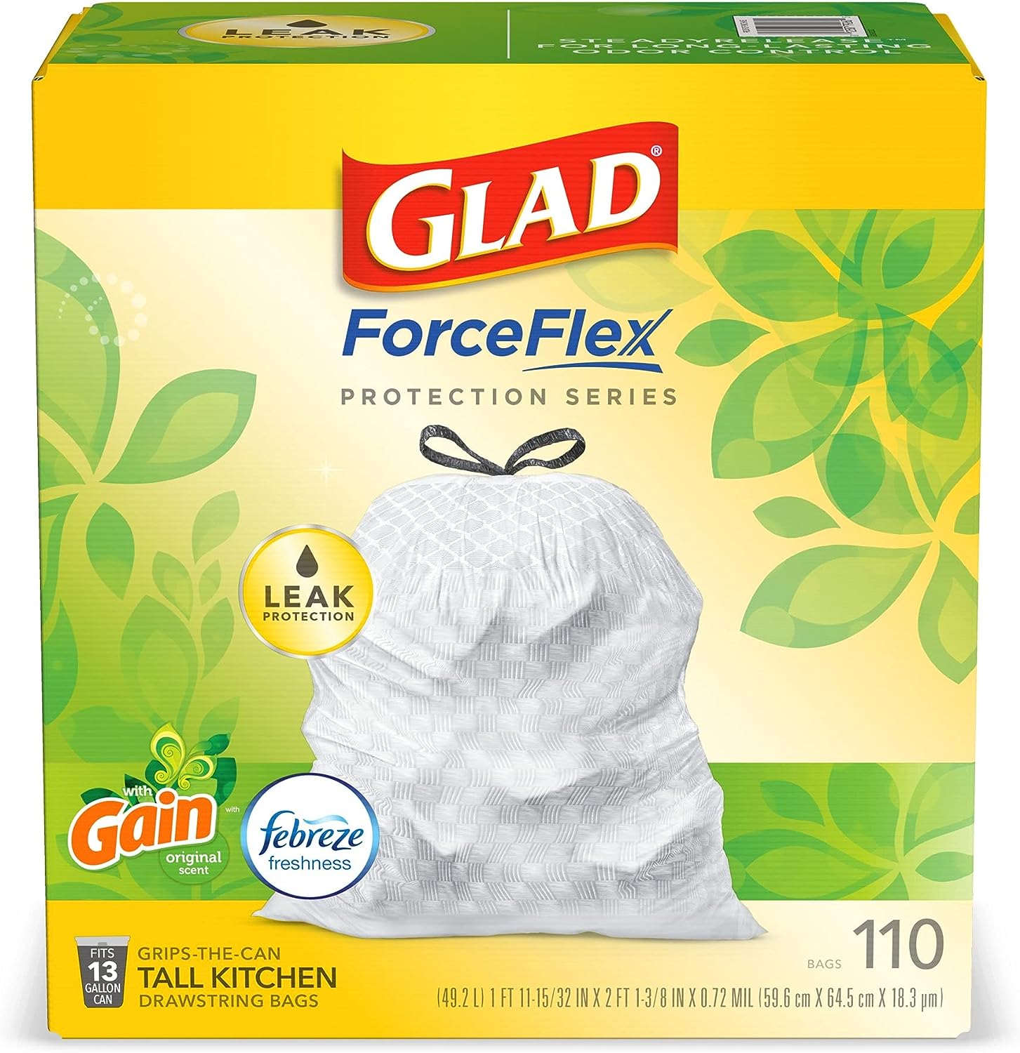Glad Protection Series Force Flex - Protector de olores con cordón Gain Original, 13 galones, 1/110 unidades