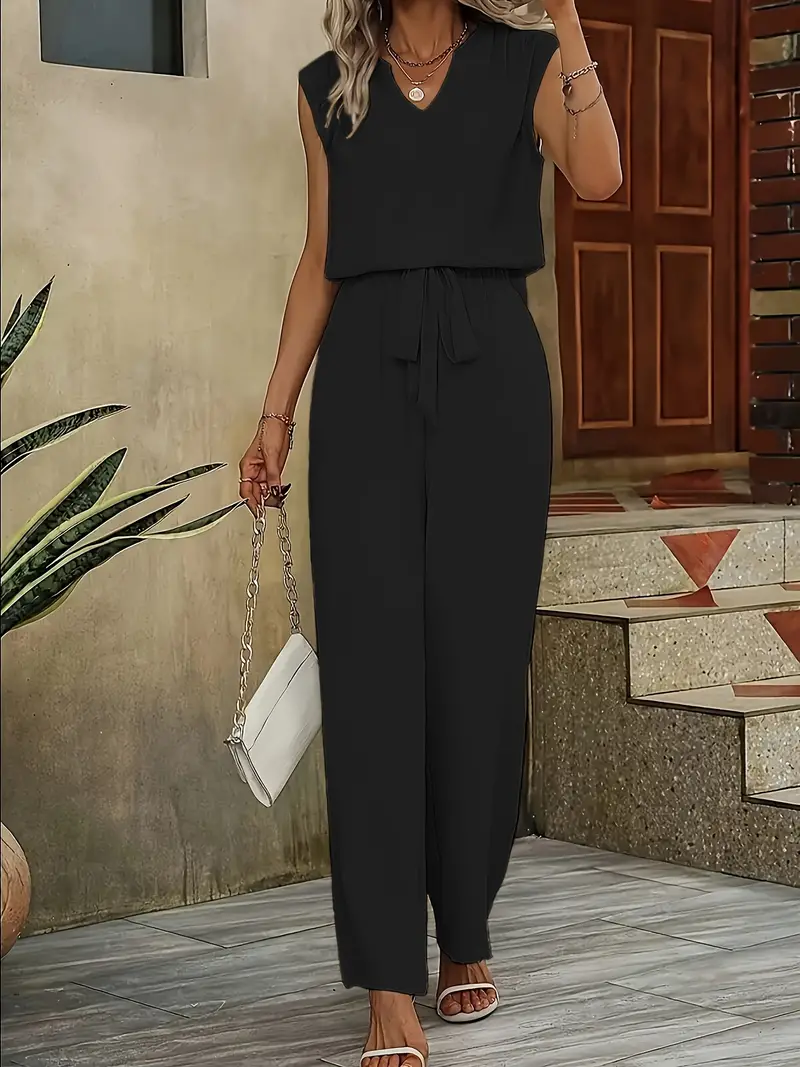 Conjunto de Pantalones Elegantes de Color Sólido, Camiseta Sin Mangas Sencilla con Cuello en V y Pantalones Rectos con Cinturón para el Verano, Ropa de Mujer