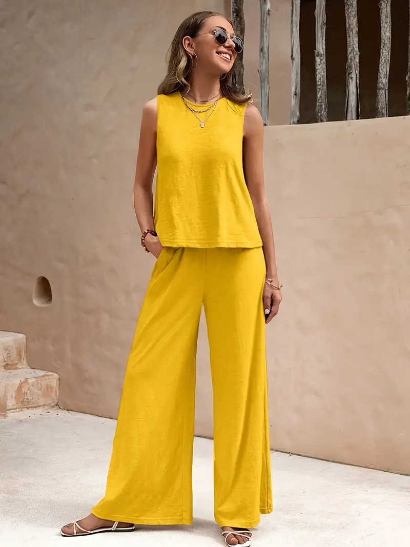 Conjunto Sólido Y Elegante De Dos Piezas, Top De Tirantes Y Pantalones Anchos Con Bolsillos, Ropa De Mujer