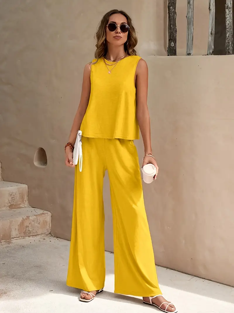 Conjunto Sólido Y Elegante De Dos Piezas, Top De Tirantes Y Pantalones Anchos Con Bolsillos, Ropa De Mujer