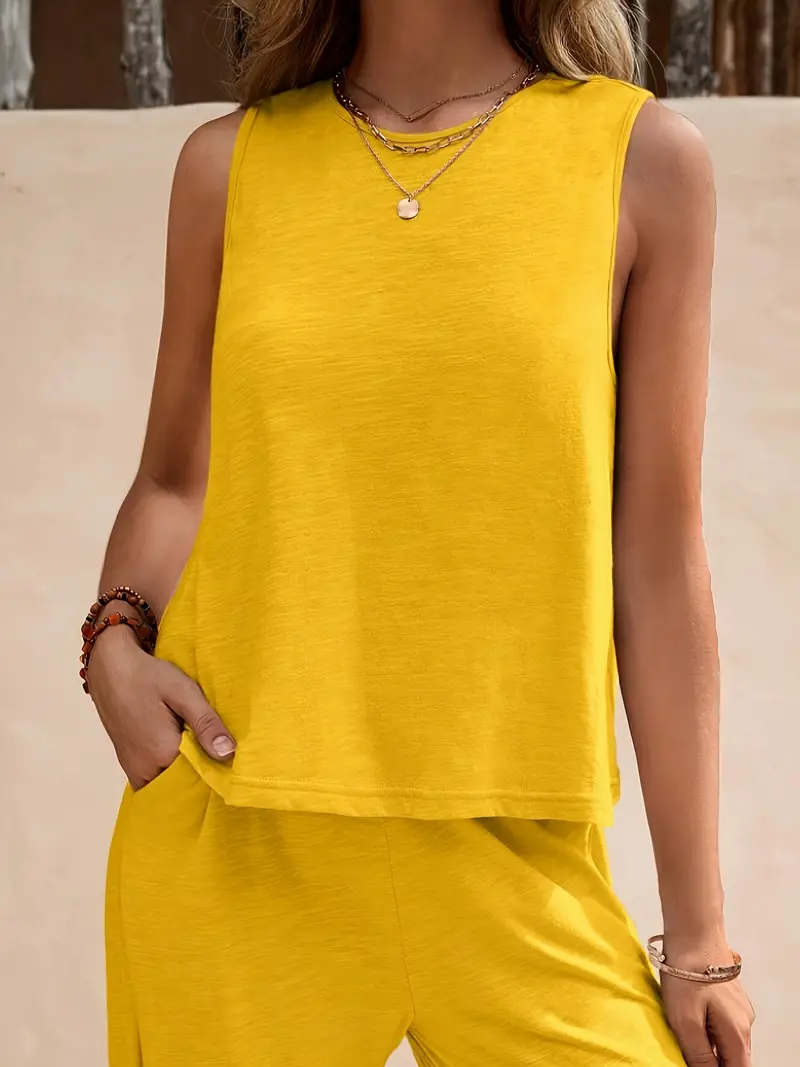 Conjunto Sólido Y Elegante De Dos Piezas, Top De Tirantes Y Pantalones Anchos Con Bolsillos, Ropa De Mujer