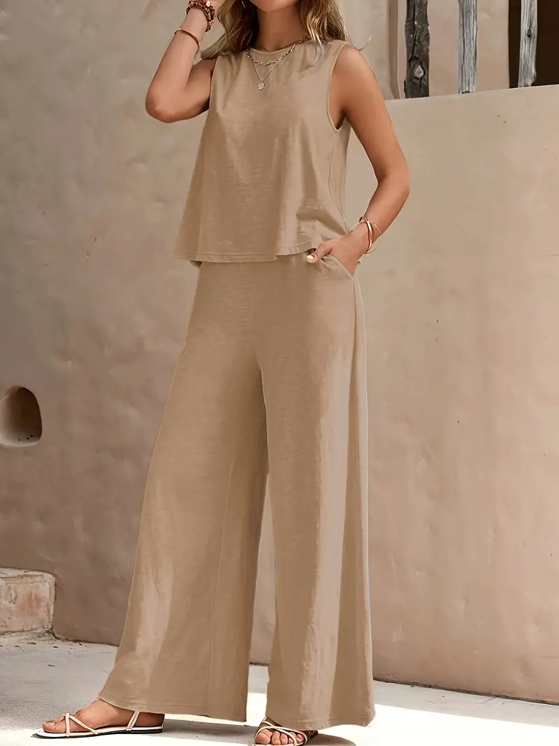 Conjunto Sólido Y Elegante De Dos Piezas, Top De Tirantes Y Pantalones Anchos Con Bolsillos, Ropa De Mujer
