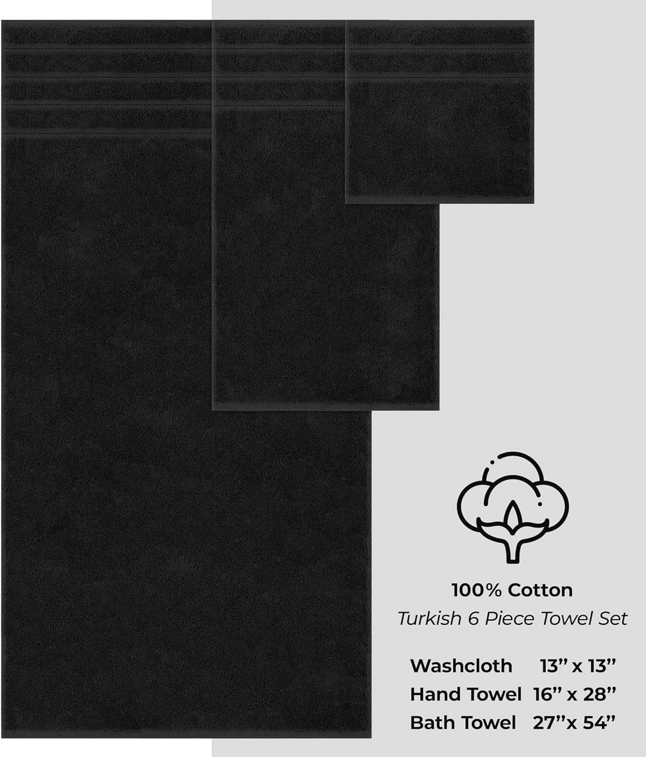 Juego de toallas de lujo American Soft Linen de 6 piezas: 2 toallas de baño, 2 toallas de mano y 2 toallitas, 100 % algodón turco, color gris claro.