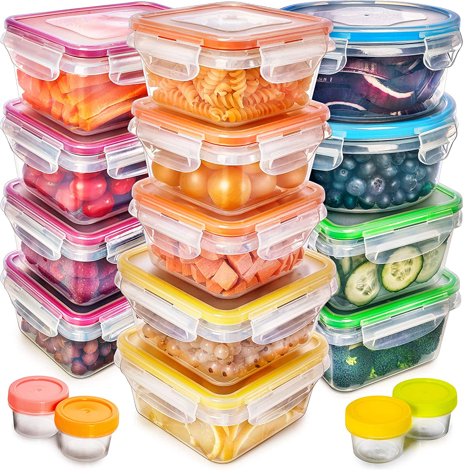 Juego de 50 recipientes para almacenar alimentos con tapas, de plástico hermético y sin BPA, para organizar la cocina, preparar comidas y llevar el almuerzo (incluye etiquetas y bolígrafo).