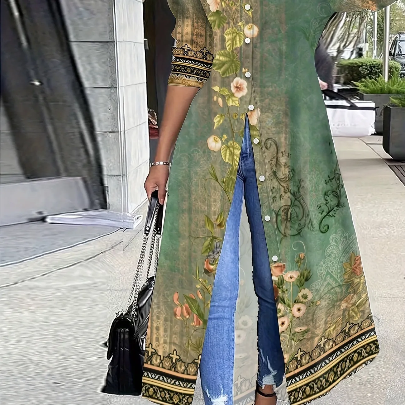 Túnica frontal con botones y estampado de plantas, top informal de manga larga para primavera y otoño, ropa de mujer