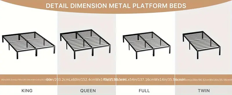 Base de cama - Estructura de cama de plataforma de 4 tamaños Base de colchón de metal con soporte de listones de acero, no se necesita somier, espacio de almacenamiento debajo del marco, fácil montaje, negro detalles 1