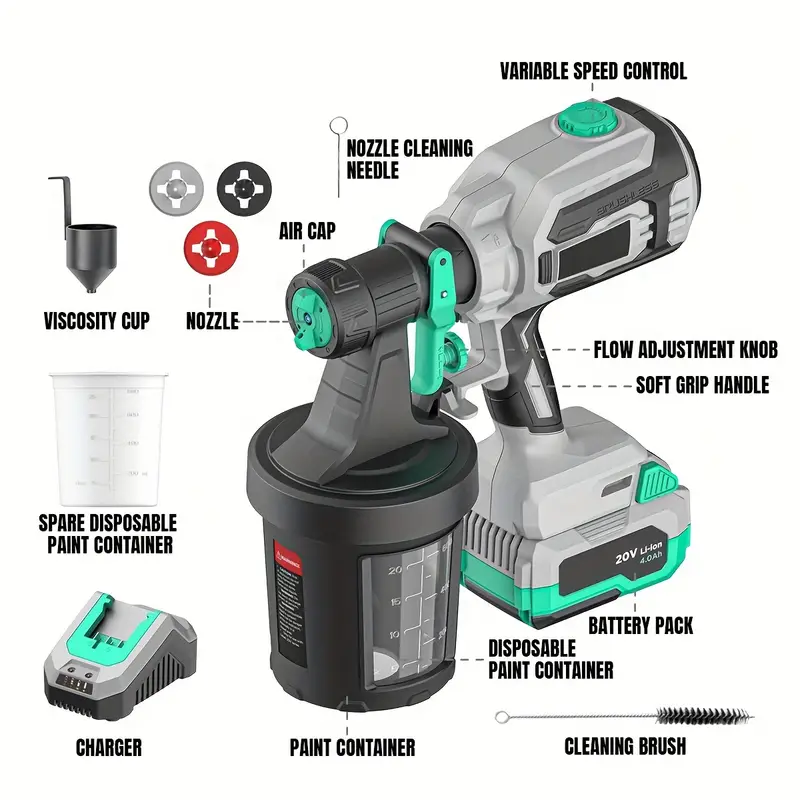 20v paint sprayer with brushless motor airless paint sprayer paint sprayer for house painting cordless paint sprayer spray paint gun with 4 0 ah battery charger 4 nozzles 800ml container for home interior exterior car deck fence furniture details 6