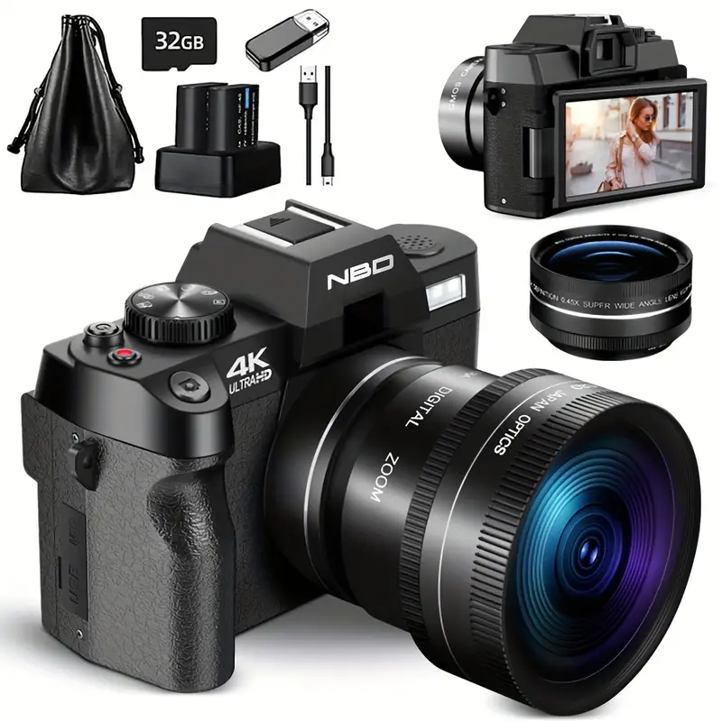 nbd pro digital cameras for photography 4k video 48 mp vlogging camera with 180 flip screen 16x digital zoom flash autofocus 52mm wide angle macro lens 2 batteries 32gb sd card details 1