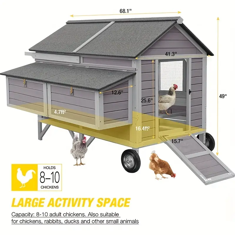 Gallinero móvil de madera con caja nido, jaula para aves de corral mejorada con marco de hierro resistente, duradero e impermeable. detalles 0