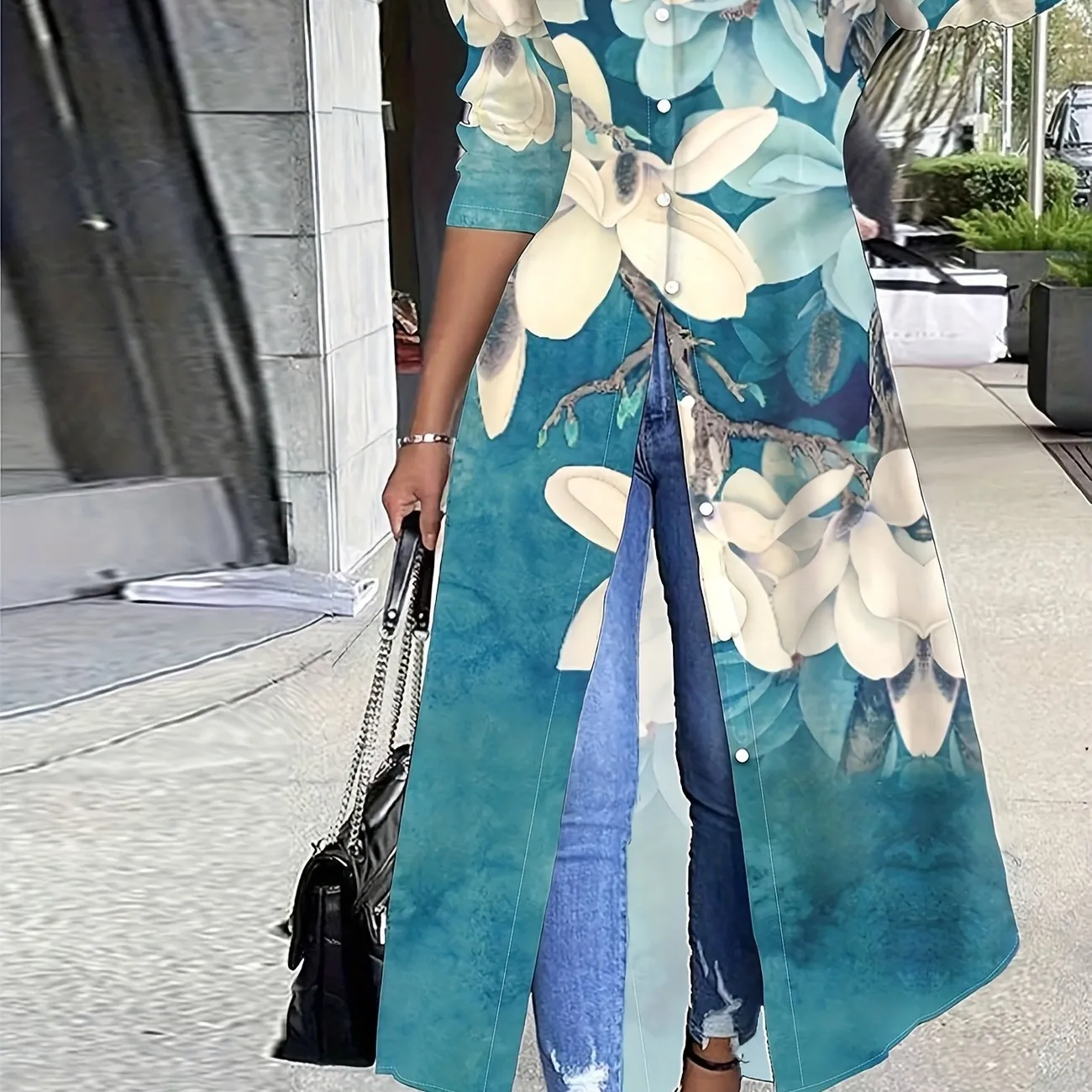 Túnica frontal con botones y estampado de plantas, top informal de manga larga para primavera y otoño, ropa de mujer