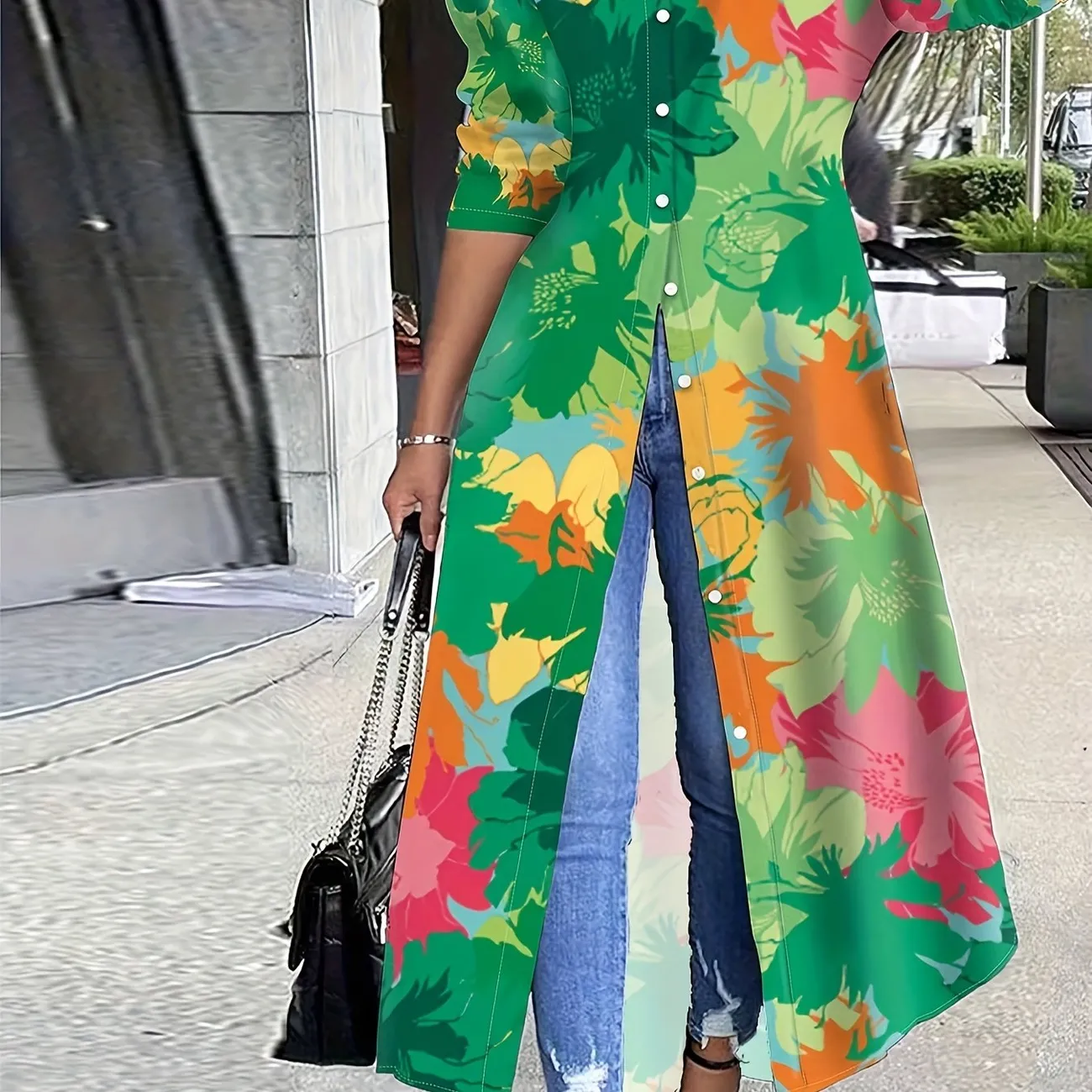 Túnica frontal con botones y estampado de plantas, top informal de manga larga para primavera y otoño, ropa de mujer