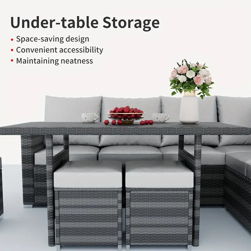Conjunto de muebles de patio al aire libre, juego de comedor al aire libre de ratán de mimbre de 7 piezas con mesa de comedor y otomanas, juego de mesa y sillas de patio, juego de sofá de silla detalles 4