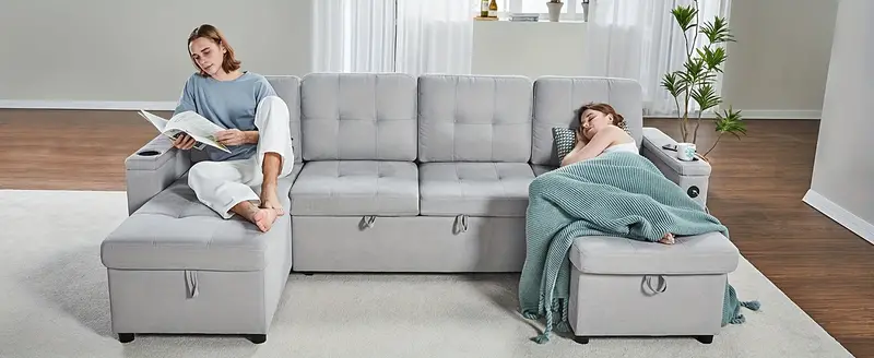 84 inch pull out couch tufted sofa bed with 2 usb cup holders l shape sleeper sofa with storage chaise light grey details 2