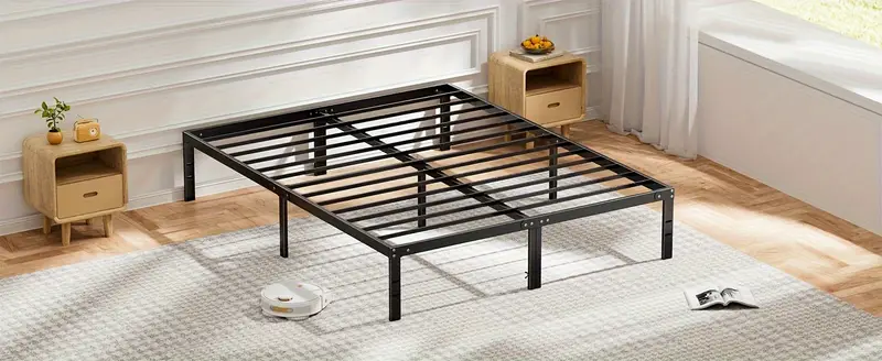 Base de cama - Estructura de cama de plataforma de 4 tamaños Base de colchón de metal con soporte de listones de acero, no se necesita somier, espacio de almacenamiento debajo del marco, fácil montaje, negro detalles 4