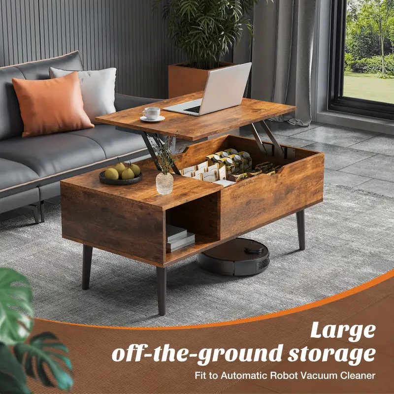 Mesa de centro elevable para sala de estar con compartimento de almacenamiento oculto, con estante de almacenamiento ajustable para sala de estar, estilo vintage, construcción de madera duradera, mesa de centro moderna con cajón elevable, mesa de centro de madera detalles 1