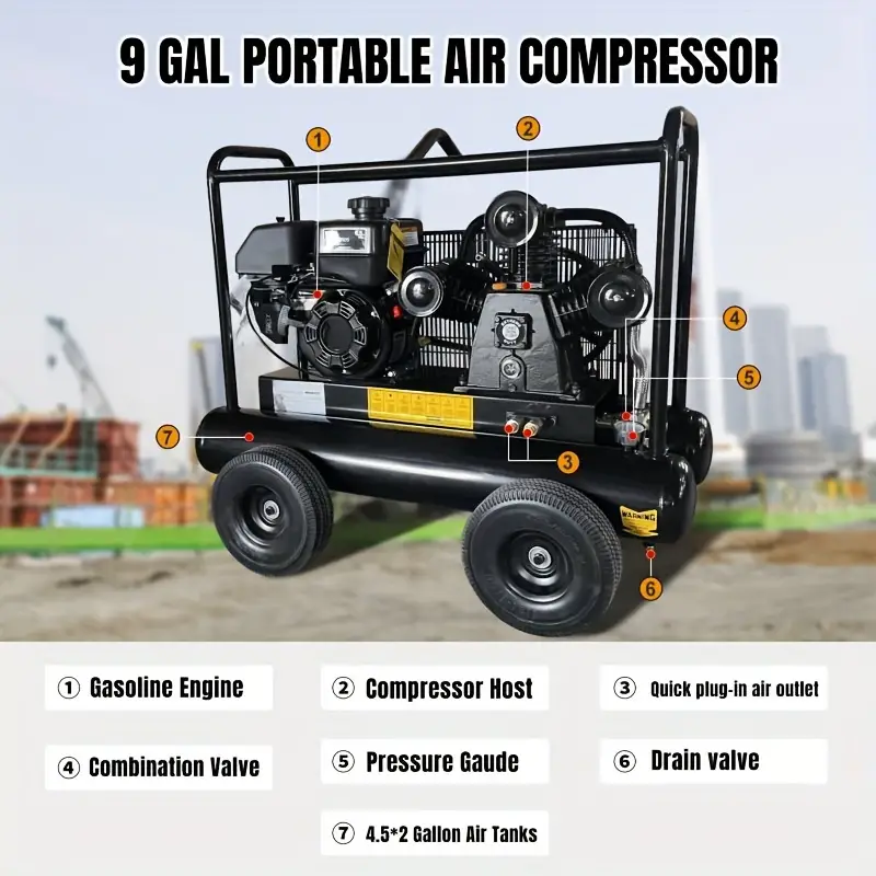 Compresor de   de pistón   de 6.5   - Una   -         RH65 -   de 9 galones - 18 cfm máx. 115 psi -   comprimido portátil     W-0.5/8P RH65 detalles 0