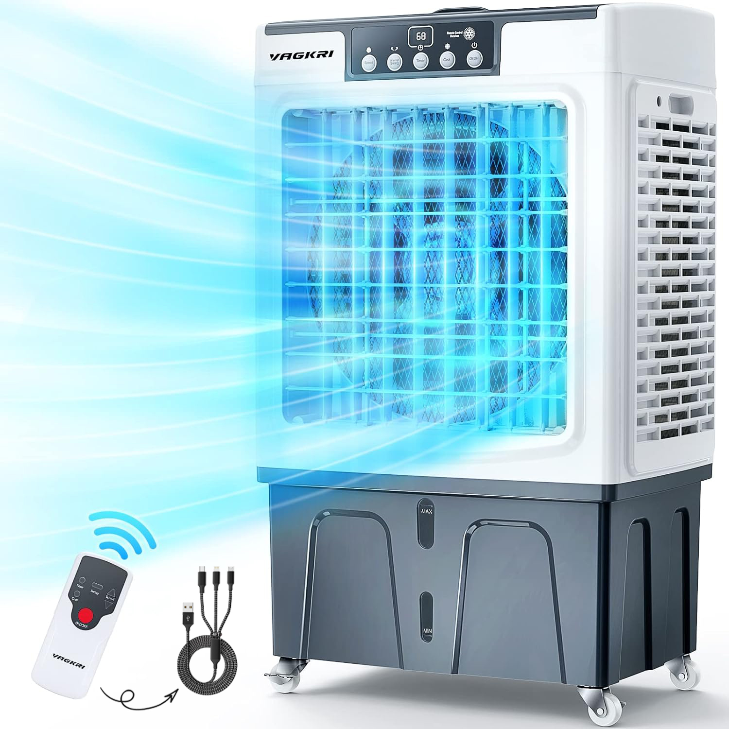 Enfriador evaporativo, enfriador de aire evaporativo VAGKRI 3000CFM, enfriador de pantano de oscilación de 120° con control remoto, temporizador de 24 horas, 3 velocidades de viento para uso en interiores y exteriores, 12 galones