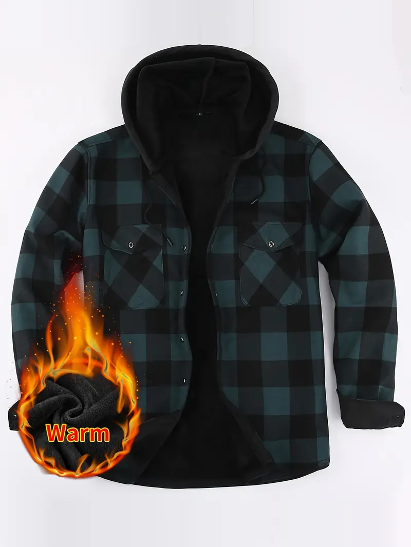 mens hooded long sleeve fleece shirt jacket chest pocket trendy comfy shirt for autumn winter details 11