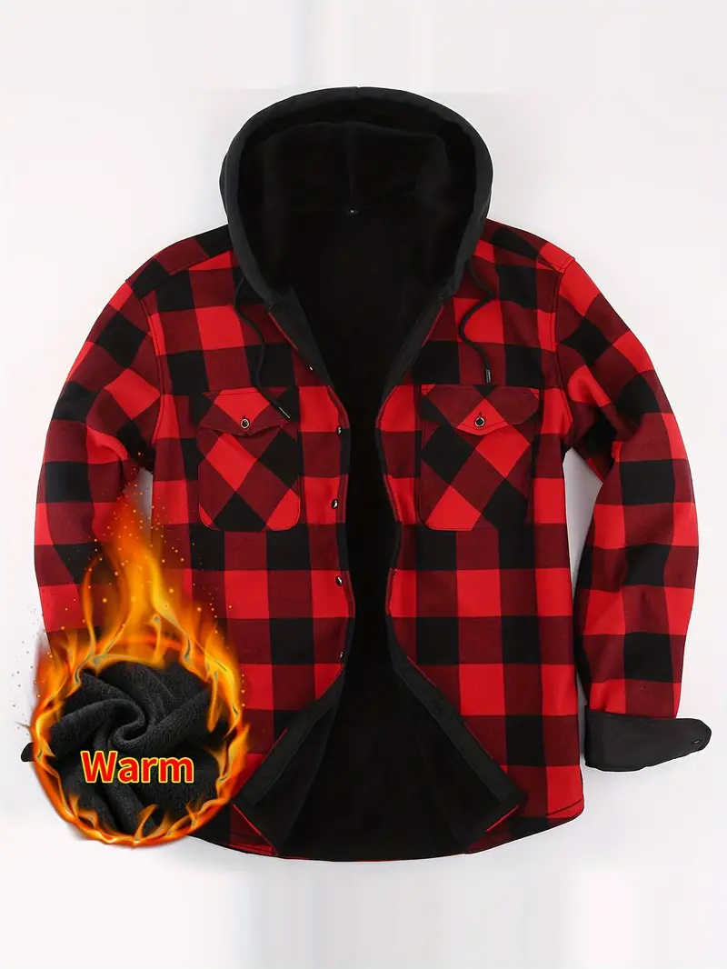 mens hooded long sleeve fleece shirt jacket chest pocket trendy comfy shirt for autumn winter details 8