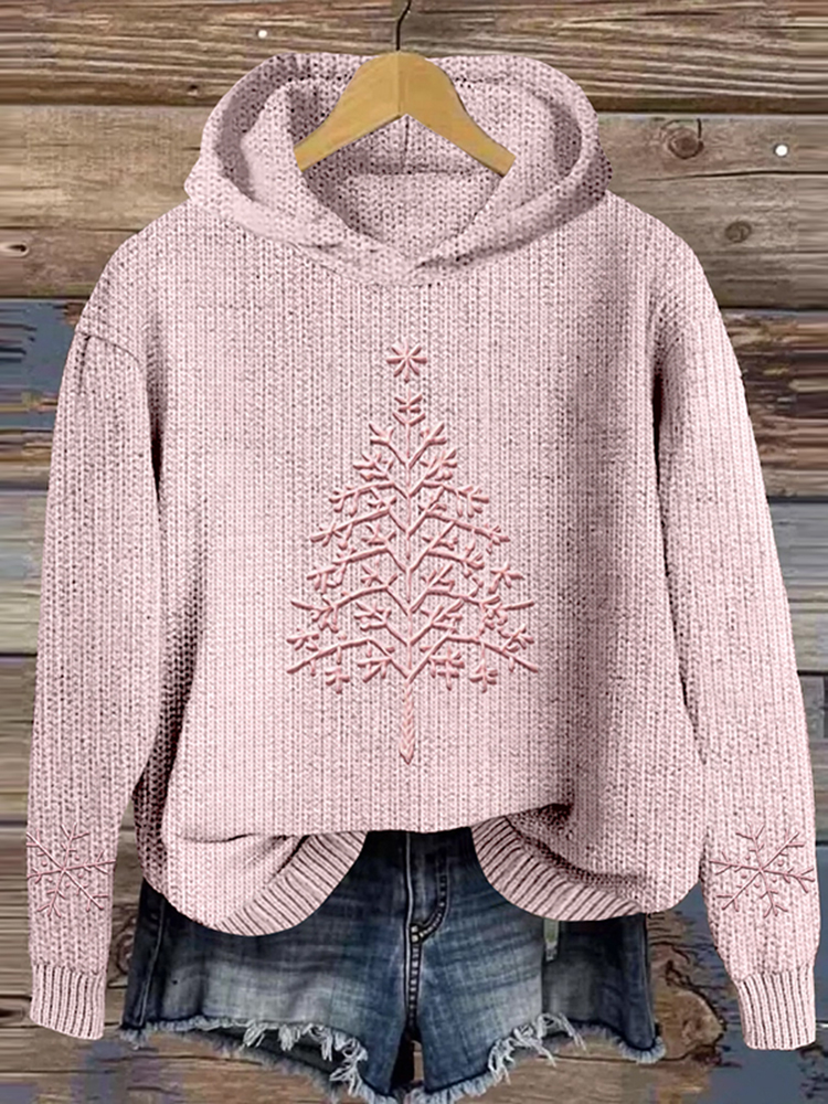 Pink Christmas Tree Embroidered Cozy Knit Hooded Sweater charmwitch