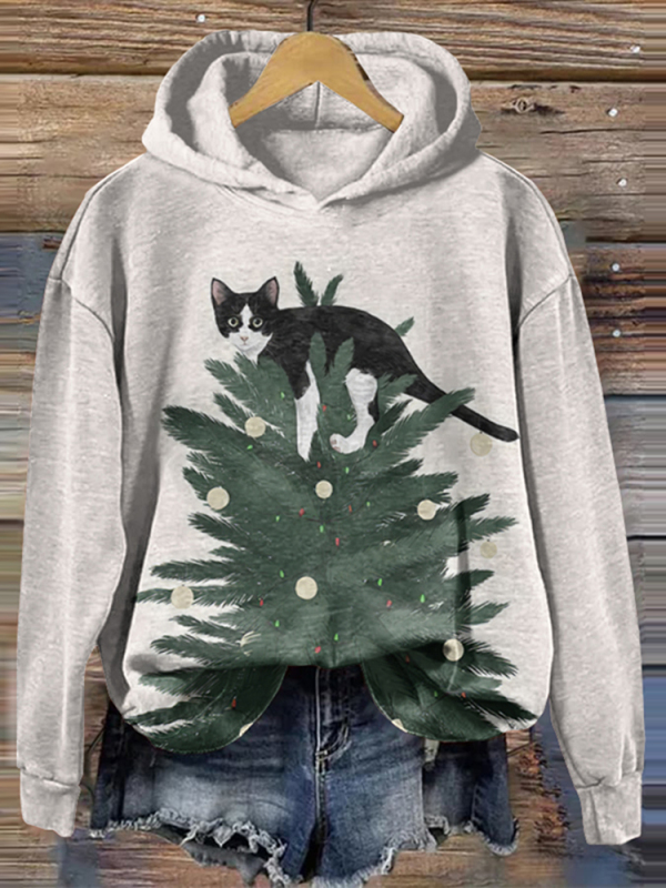 Retro Naughty Cat On The Christmas Tree Print Hoodie charmwitch