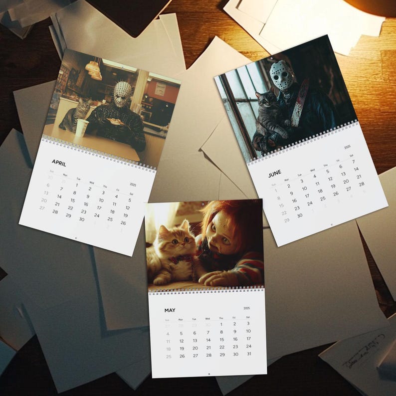 Calendario de pared Creepy Cats 2025, regalo para fanáticos de las películas de terror, regalo de amigo secreto para amantes de las películas de terror, regalo de Navidad para amantes de los gatos y el terror imagen 3