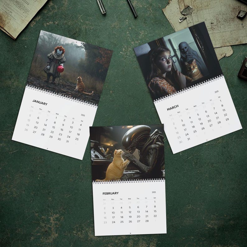 Calendario de pared Creepy Cats 2025, regalo para fanáticos de las películas de terror, regalo de amigo secreto para amantes de las películas de terror, regalo de Navidad para amantes de los gatos y el terror imagen 2