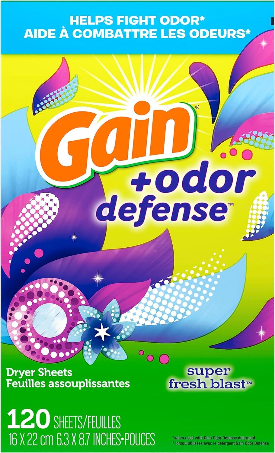 Gain + Odor Defense Dryer Sheets, Super Fresh Blast Scent Fabric Softe